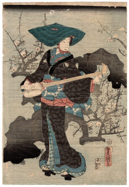 STREET MUSICIAN AND BLOSSOMING PLUM TREE (Utagawa Kunisada)