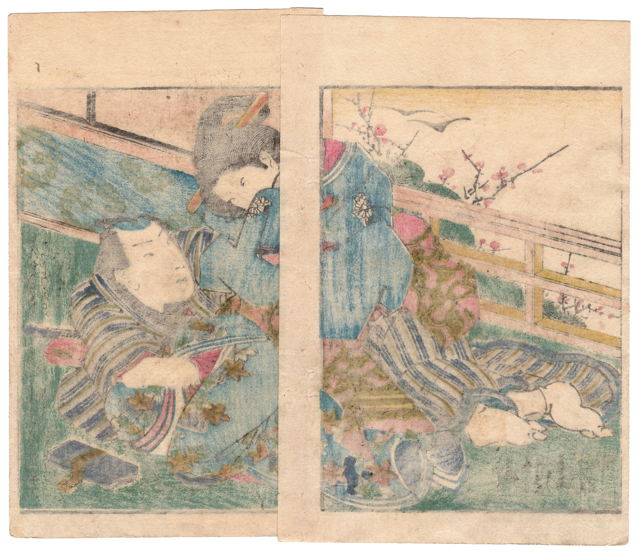 DOUBLE CHERRY BLOSSOMS: LOVERS AND FLOWERING PLUMS (Utagawa Kunimaro)
